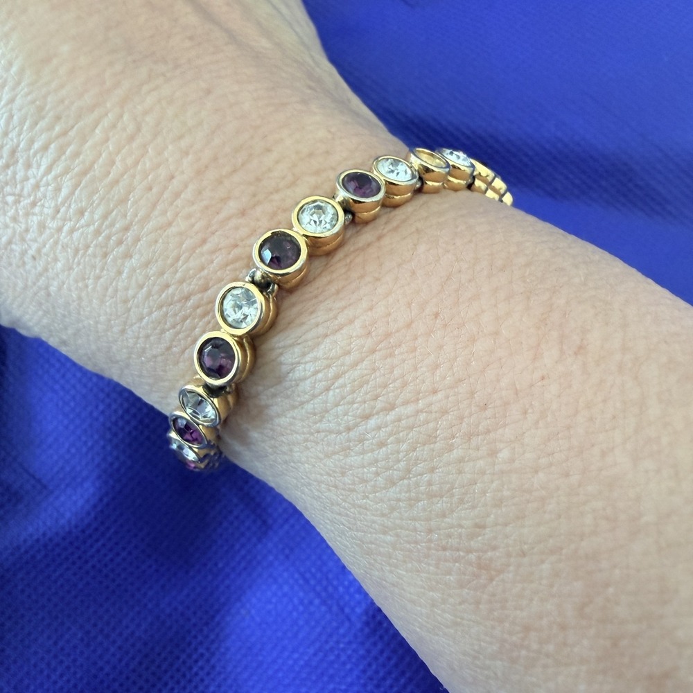 VTG Dorlan Gold Tone Purple & Clear Crystal Tennis Bracelet Bezel 7.5" Box Clasp